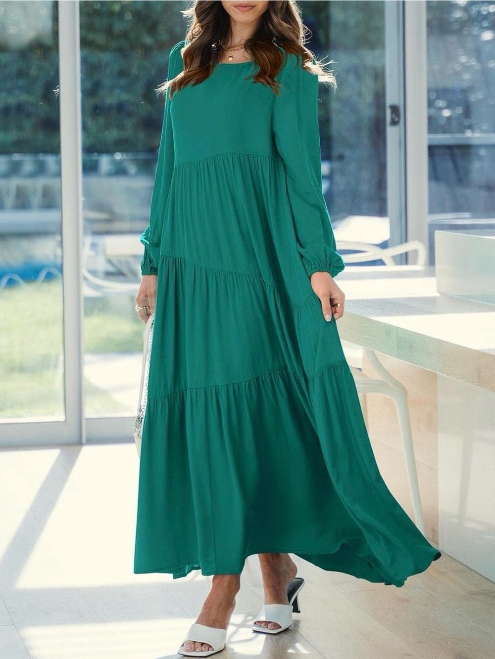 Elegant Teal Tiered Maxi Dress - Long Sleeve